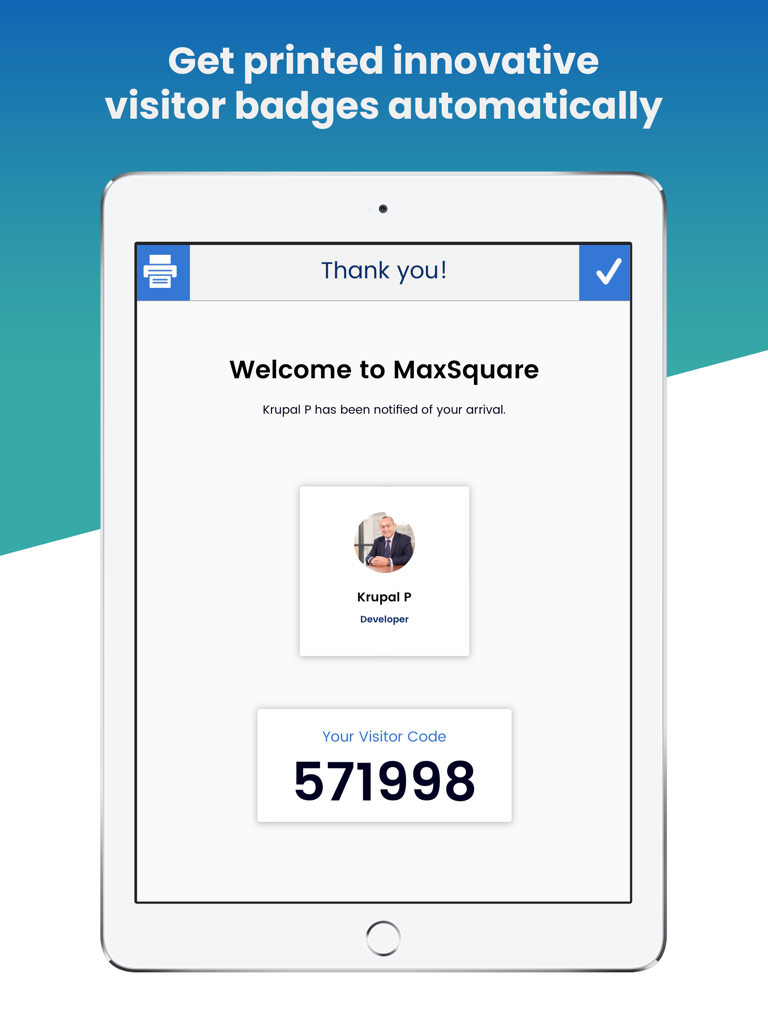 CoReceptionist - Visitor Kiosk - iPad displaying the CoReceptionist visitor check-in confirmation screen with host details and a visitor code