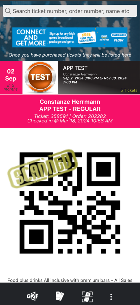 Interfaccia dell'app Go2Fete che mostra un biglietto digitale scansionato con un codice QR per un evento