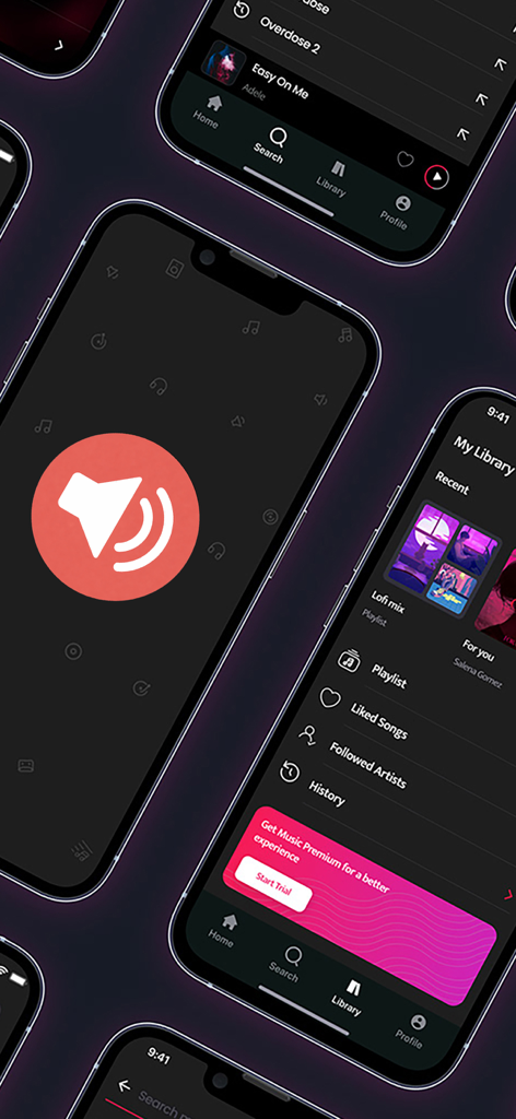 Volume Booster ▸ - Multiple iPhone screens displaying the Volume Booster app user interface including the music library and sound enhancement icon