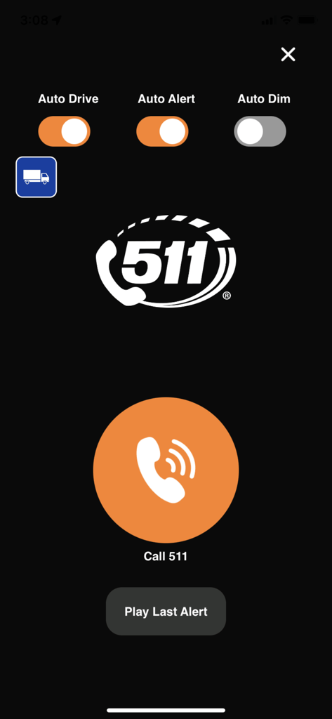 Idaho 511 app screen with a call button and audio alert options