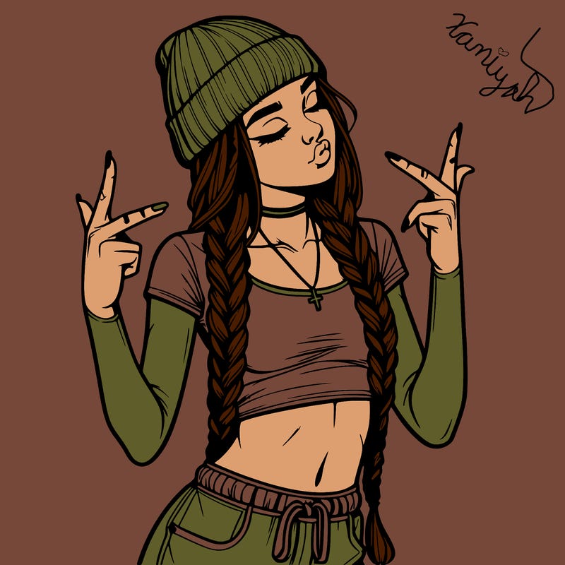 realistic teenage girl with braids and a beanie and crop top doing 🫶🏼