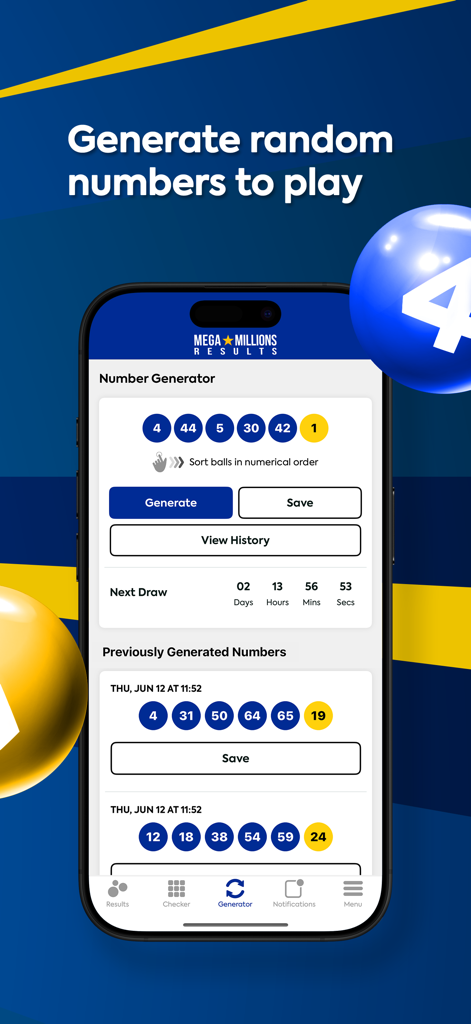 Mega Millions Lottery - Mega Millions Lottery app screenshot showing the random number generator feature with suggested balls and a countdown to the next draw