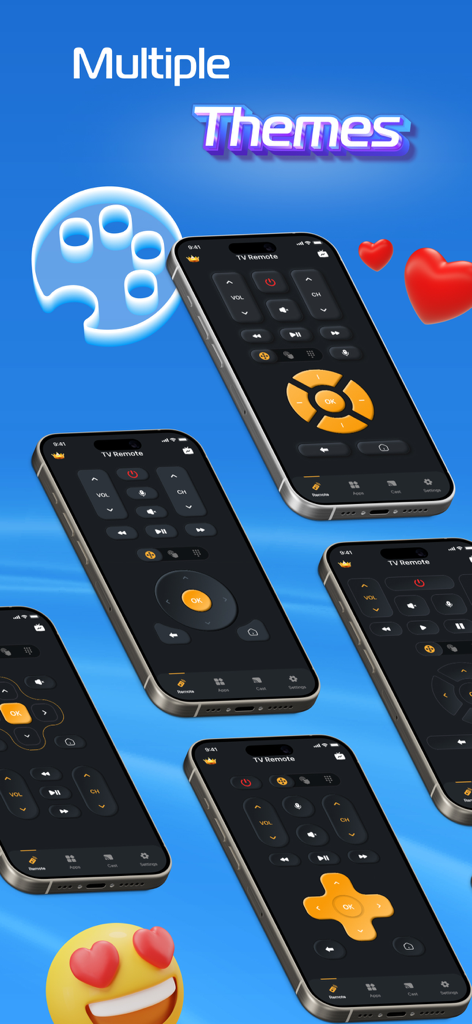 Multiple customizable interface themes for the Universal Remote for TV Smart app shown on several iPhones.