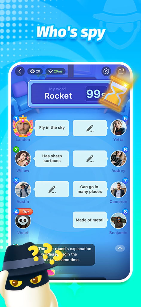 Una schermata di gioco di deduzione sociale dall'app TopTop che mostra otto giocatori che forniscono indizi per la parola Rocket.