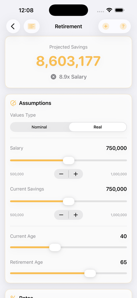 FinCalc app retirement planning screen showing projected savings and adjustable sliders for salary and age assumptions