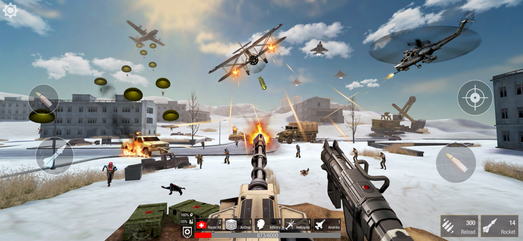 World War: Fight For Freedom - First person perspective of a soldier shooting at planes and helicopters on a snowy battlefield in World War Fight For Freedom