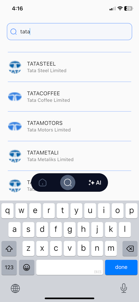 Alpha Tribe: Stock Market - Écran de recherche de l'application Alpha Tribe affichant les résultats pour les actions du groupe Tata comme Tata Steel et Tata Motors.