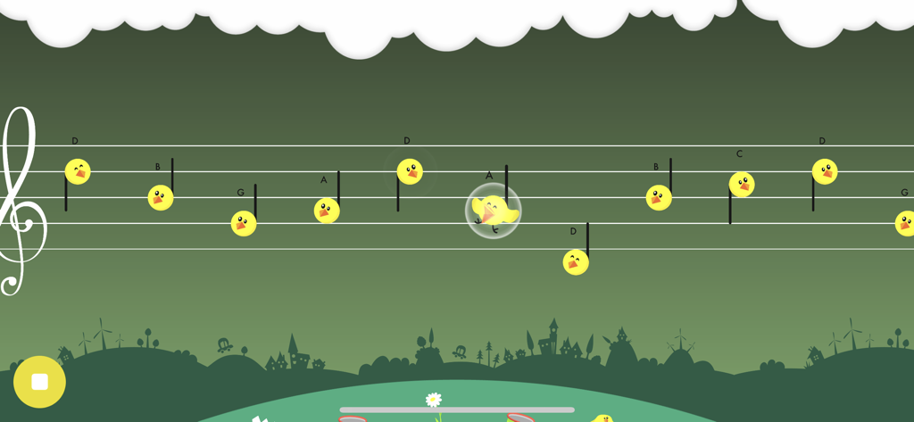 Music4Kids - Music4Kids app interface showing a musical staff with yellow bird notes and letter labels