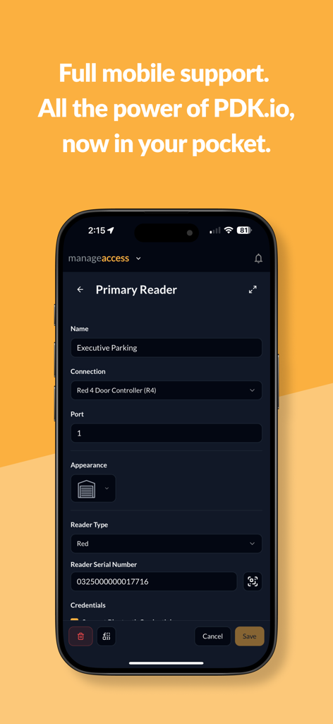 PDK Access by ProdataKey - Pantalla de la aplicación móvil PDK Access que muestra la configuración de un lector principal