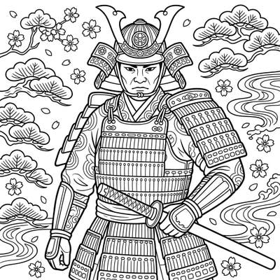Journey to ancient Japan with this striking coloring page featuring a formidable Kamakura Period Samurai. Immerse yourself in the intricate details of his traditional armor and the beautiful, thematic background.