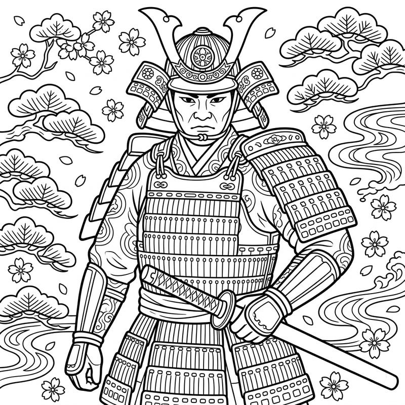 Journey to ancient Japan with this striking coloring page featuring a formidable Kamakura Period Samurai. Immerse yourself in the intricate details of his traditional armor and the beautiful, thematic background.
