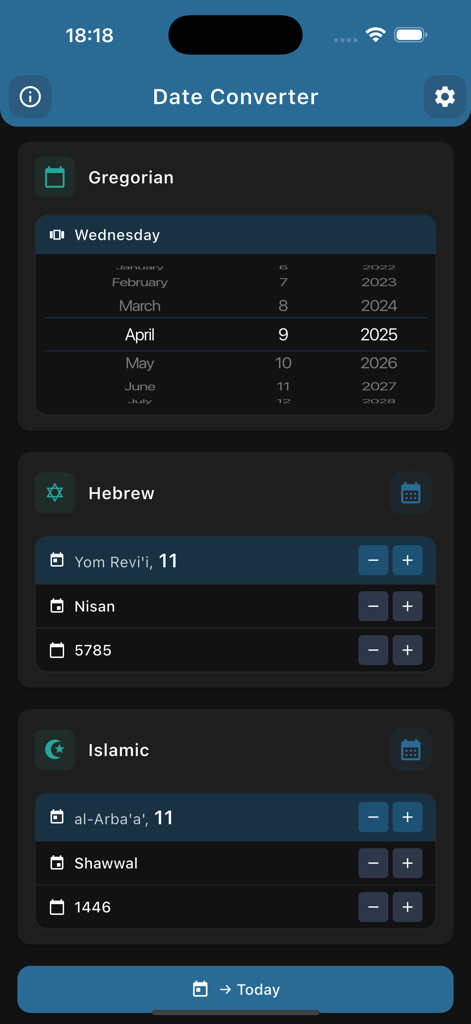 La interfaz de la aplicación Convertidor de Fechas mostrando calendarios gregoriano, hebreo e islámico en modo oscuro