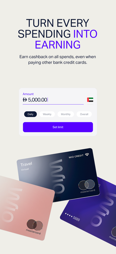 Interface de l'application mobile Wio Personal montrant les récompenses de cashback sur les dépenses et divers modèles de cartes de crédit