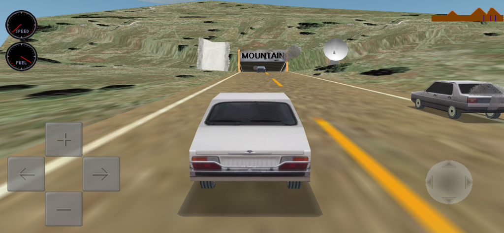 Mad Road 3D - Combat cars game - Gameplay of Mad Road 3D showing a car driving on a road towards a mountain tunnel with on-screen controls.
