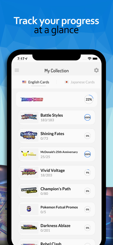 Pokellector: Card Collector - Pokellectorモバイルアプリのインターフェースに、カードコレクションの進捗状況とセット完了率が表示されています。