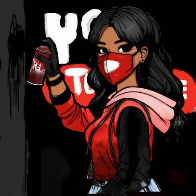 realistic girl with mask spray painting a wall