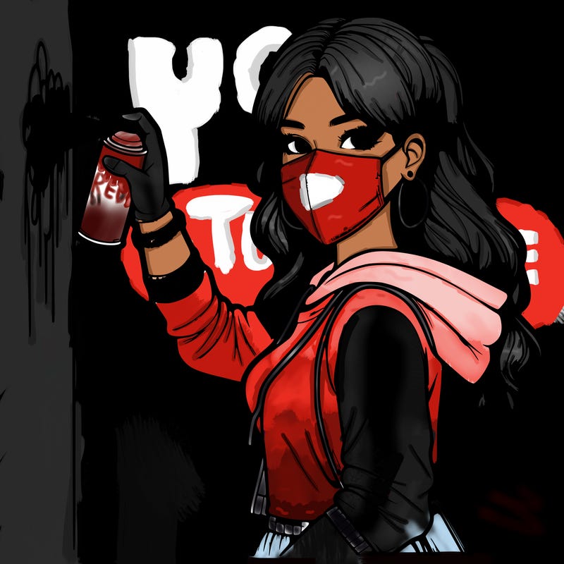 realistic girl with mask spray painting a wall