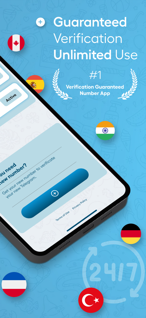 Teleg Sim Virtual Telegram Num - Smartphone screen showing TelegSim app with guaranteed Telegram verification and international flags