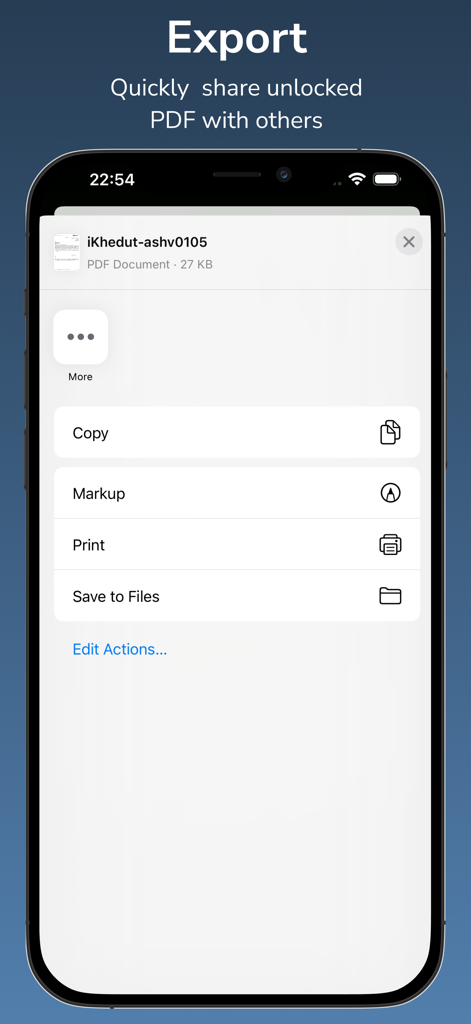 잠금 해제된 PDF 문서를 내보내고 공유하는 앱 인터페이스
