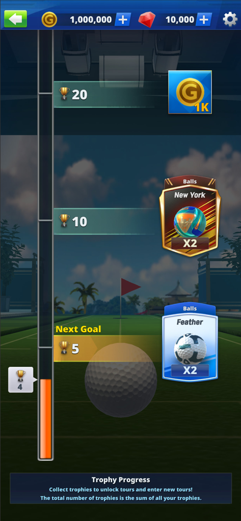 Golf Impact - Real Golf Game - A screen from Golf Impact showing trophy progress milestones and rewards like specialized golf balls and currency.