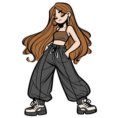 girl in baggy pants crop top and long hair