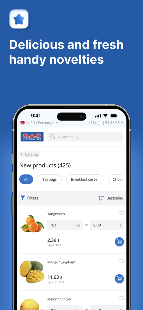 Interface of the SAS Supermarket app displaying a list of fresh fruits including tangerines and mangoes with prices.