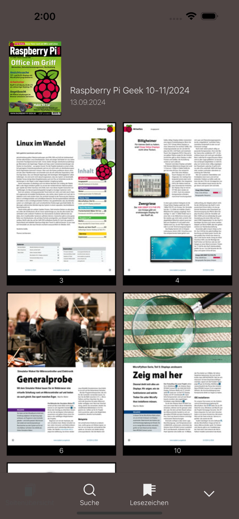 Interface of the Raspberry Pi Geek app showing a digital magazine preview with technical articles about Linux and hardware projects.