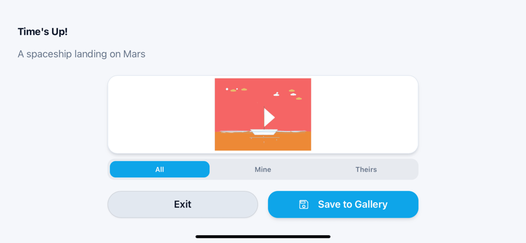 PairDrawing - PairDrawing app screen showing a completed shared drawing challenge with options to save to gallery or exit
