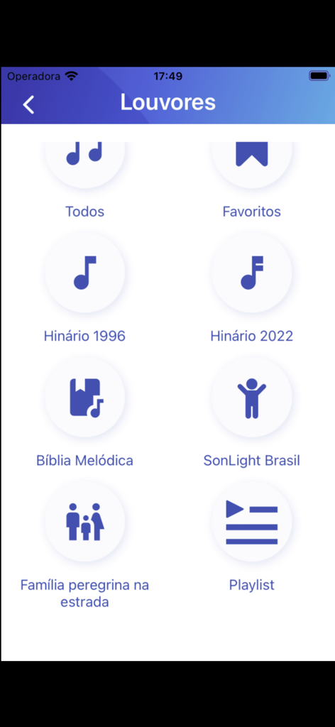 Bíblia Adventista de Estudos - Menu of the Adventist Study Bible app showing categories for hymns and praises in Portuguese