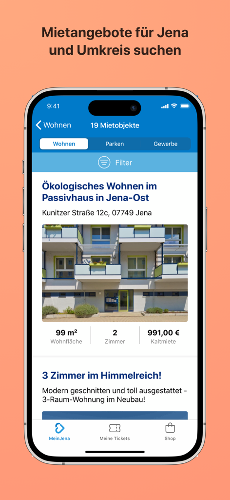 MeinJena ... meine App. - Housing rental search screen in the MeinJena mobile app showing apartment listings in Jena.