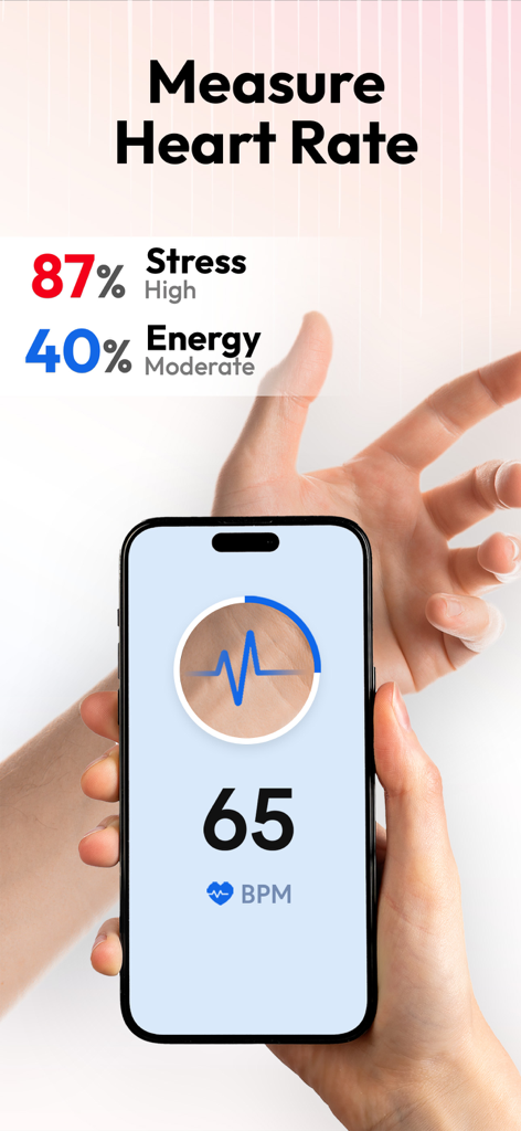BP & Heart Rate Monitor - An iPhone displaying a heart rate measurement of 65 BPM with stress and energy level indicators.