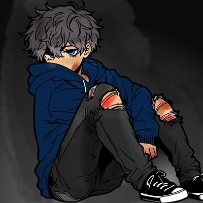 a male hoddie ripped jeans messy hair anime