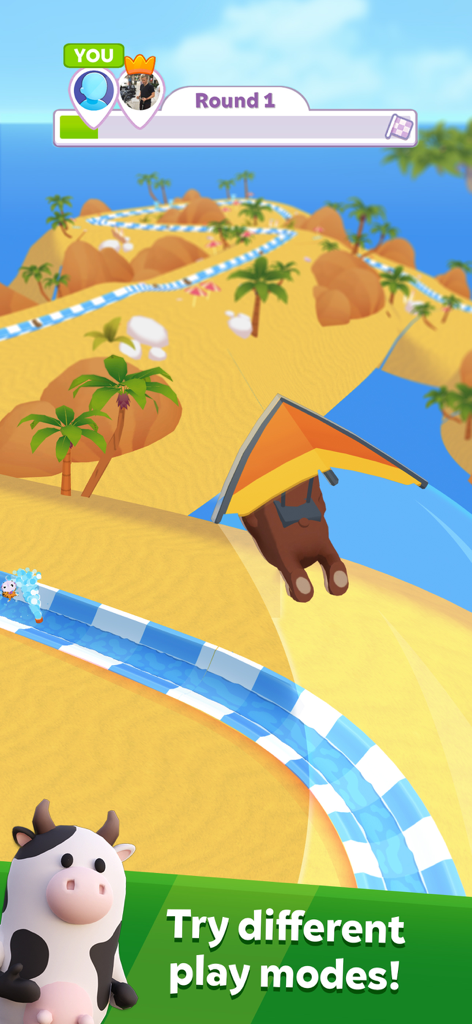 A character uses a hang glider over a desert water slide in aquapark io