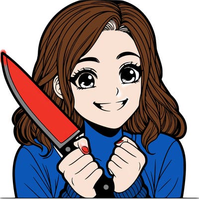 a realistic girl holding a knife and grinning