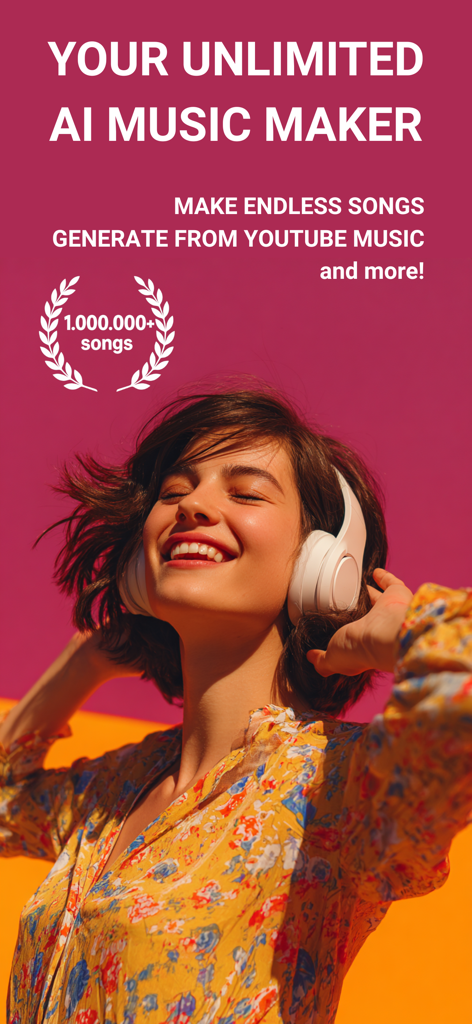 AI Music & Songs Maker - A young woman wearing headphones and smiling while using the Soun AI music generator app
