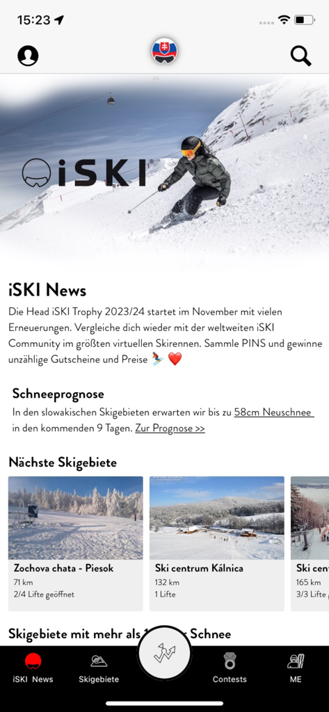 The home screen of the iSKI Slovakia app displaying news snow forecasts and a list of nearby ski resorts