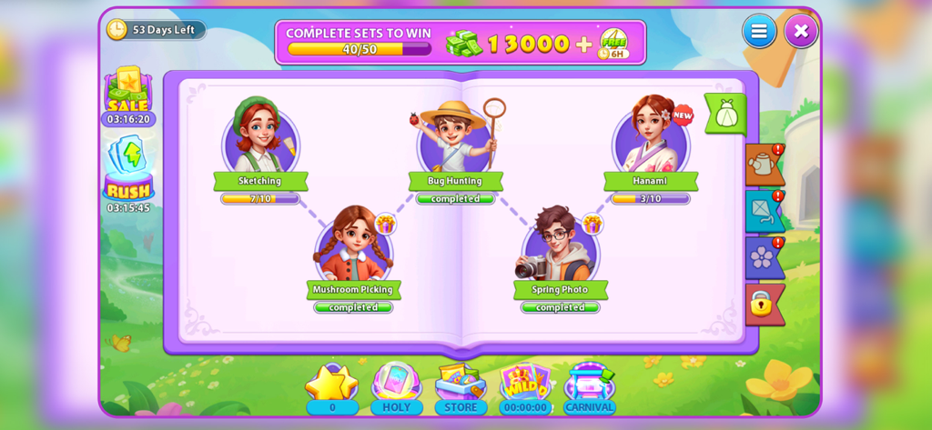 Bingo Journey collection book interface showing puzzle progress and character sets to win rewards.