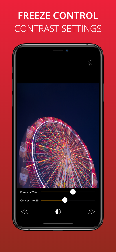 Long Exposure Slow Shutter Cam - iPhone app interface showing freeze and contrast adjustments on a long exposure photo of a ferris wheel