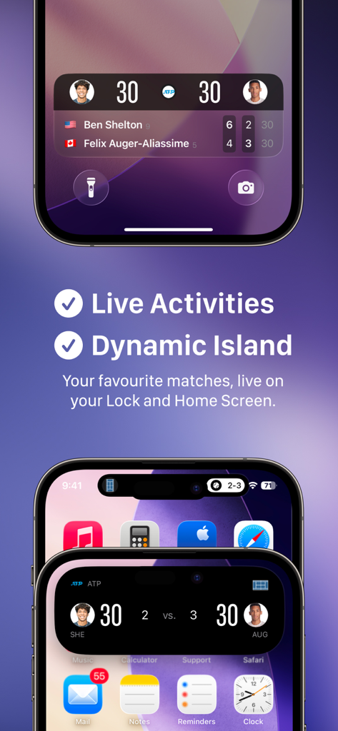 Court One: Tennis Scores - Court One tennis app interface showcasing live match scores on iPhone Lock Screen and Dynamic Island.