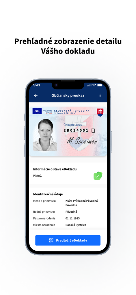 eDOKLADY - A smartphone screen displaying a digital version of a Slovak identity card within the eDOKLADY app interface.