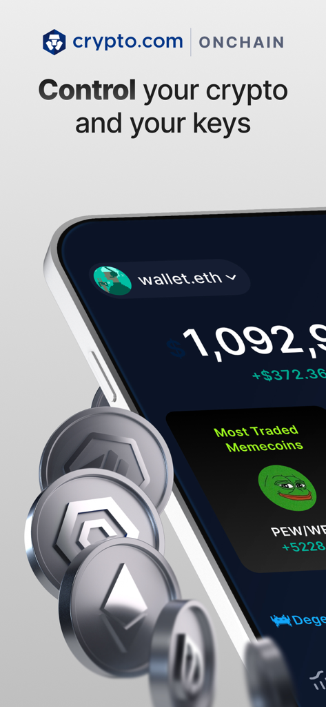 Crypto.com: Onchain Wallet - 계정 잔액과 밈코인 거래를 보여주는 Crypto.com 온체인 지갑 앱 인터페이스