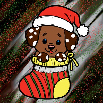 cute puppy wearing santa hat in socking