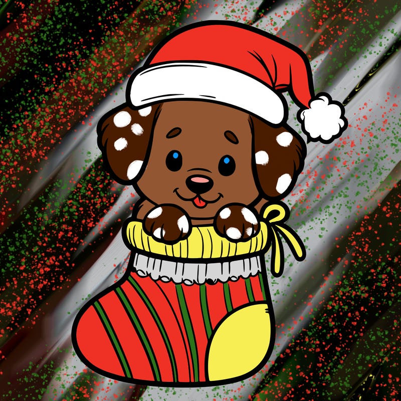 cute puppy wearing santa hat in socking