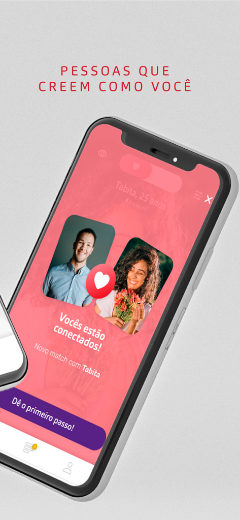 Caná Encontros pela Fé - Mobile screen showing a successful match between two users on the Cana Christian dating app with a heart icon and text saying you are connected.