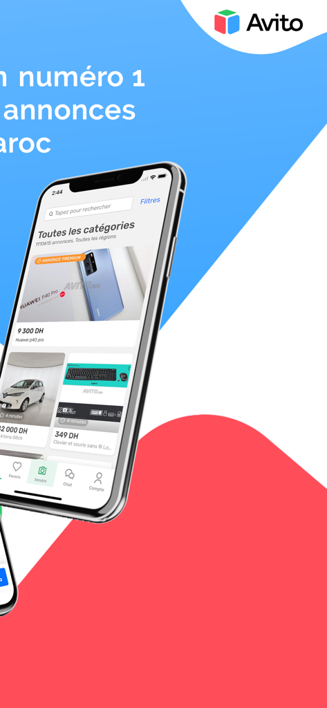 Un smartphone mostrando la interfaz de la aplicación Avito.ma con varios listados clasificados de coches y electrónica en Marruecos.