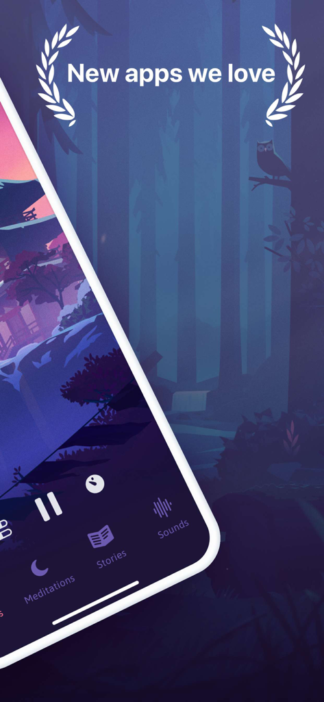 The Sleep app interface showing meditation and bedtime story categories against a serene forest background