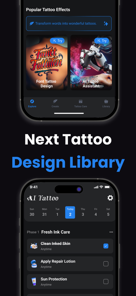 AI Tattoo Design - Name Tattoo - Two mobile app screens showcasing popular tattoo design effects and a fresh ink aftercare checklist.