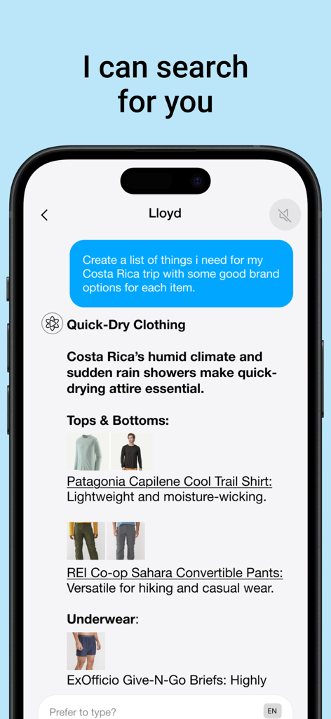 Lloyd - Your AI Superpower - Interfaz de búsqueda de Lloyd AI que muestra una lista de equipaje de viaje con recomendaciones de marcas de ropa para un viaje a Costa Rica.