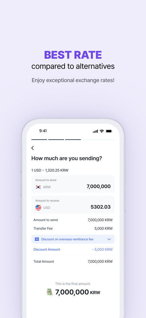 Utransfer-Korea Remittance App - Tela de um aplicativo móvel mostrando a conversão de moeda de 7 milhões de Won coreanos para Dólares americanos com as melhores taxas de câmbio.