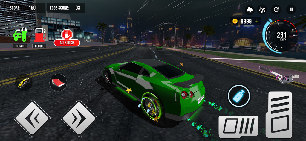 Night Drive 3D Simulator - Un coche deportivo verde conduciendo por una ciudad nocturna lluviosa en el juego Night Drive 3D Simulator.